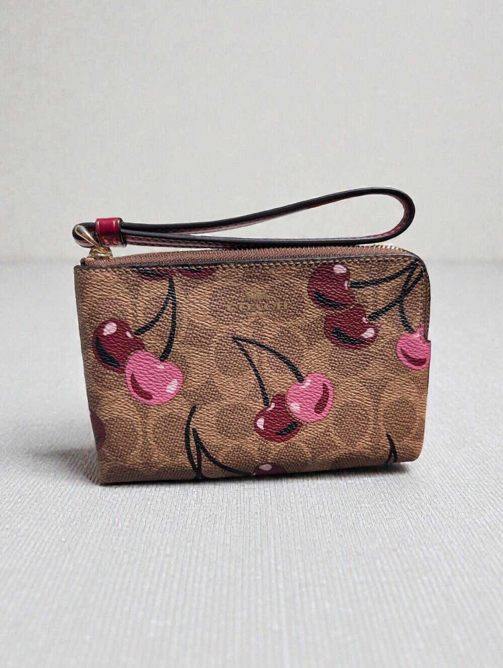 Coach Corner Zip Wristlet in Signature Canvas with Cherry Print - NWT